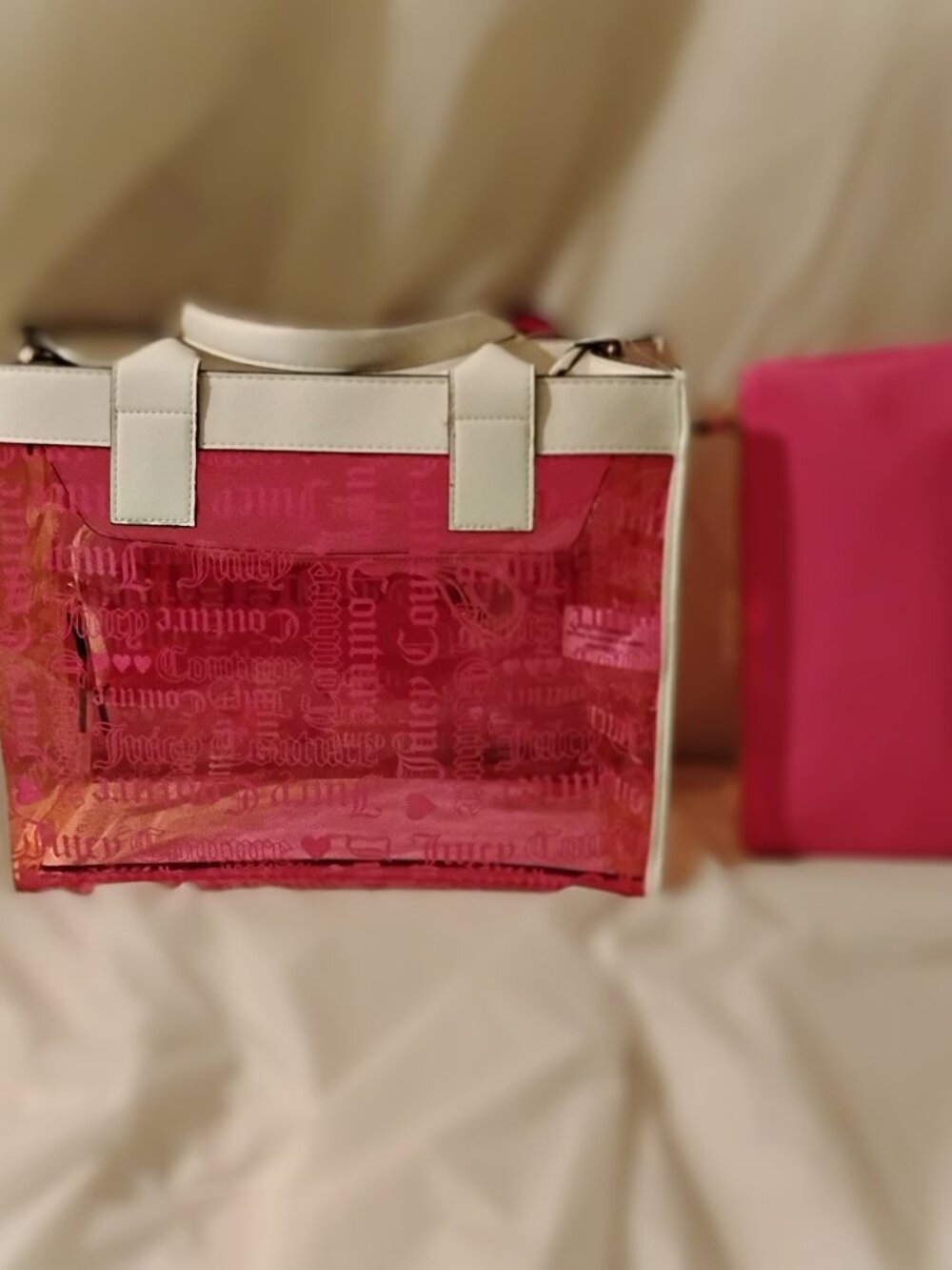 Juicy Couture Large Beachin Tote - Pink/Yellow/White/Clear w/Solid Pouch Set - Picture 8 of 15